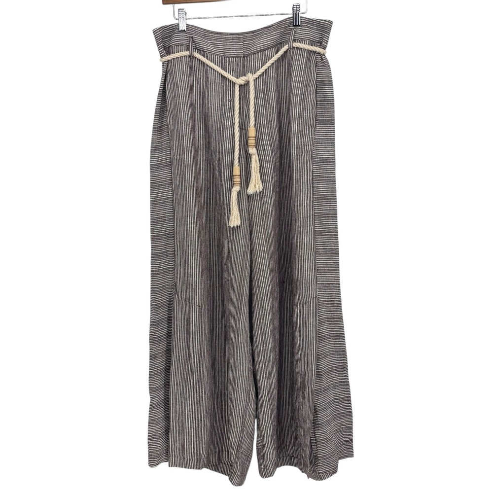 Anthropologie Ett Twa Super Wide Leg Brown Striped Linen Pant Women Size 12 Tall